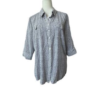 FDJ Button Down Blouse Blue White 3 / 4 Sleeve Pockets Button Tab SZ 12